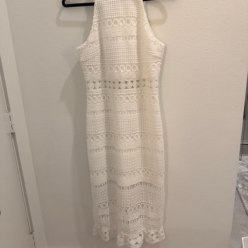 Sleeveless White Crochet Halter Midi Dress
